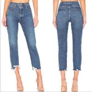 AGOLDE Riley High Rise Straight Jeans Button Fly Distressed Hems 24‎